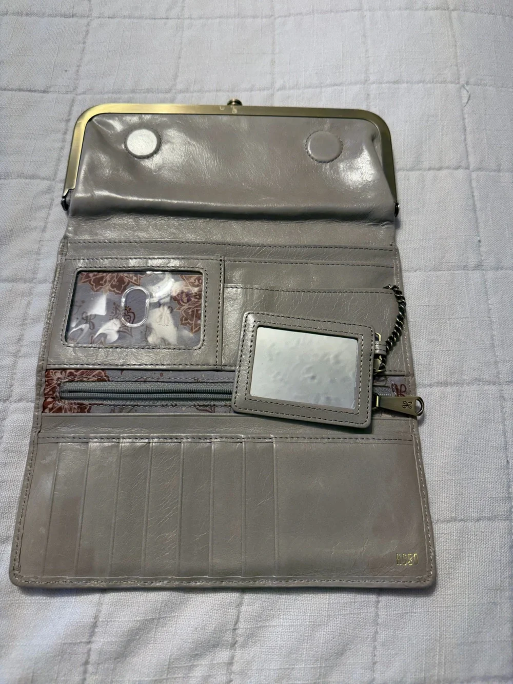 HOBO Taupe Leather Frame Wallet with Brushed Gold Trim